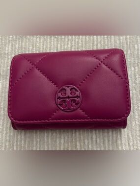 Tory Burch Willa Quilted Leather Card Case Wallet Pink Prickly Pear EUC
